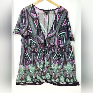 LANE BRYANT Women Plus 22/24 Sheer Cover Up Elastic Open Blouse Butterfly Sleeve